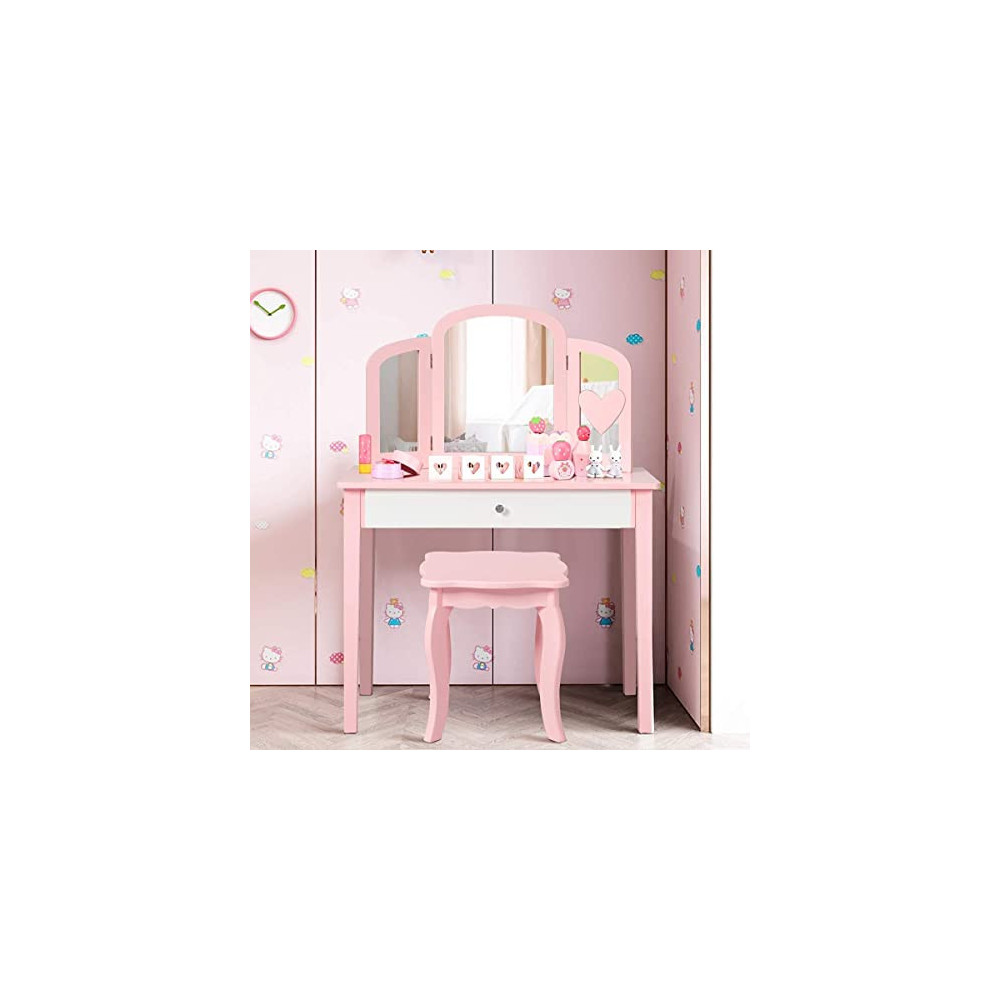 HONEY JOY Kids Vanity Set with Mirror, Toddler Beauty Makeup Dressing Table with Stool & Drawer, Tri-Folding Mirror, Detachab
