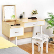 Nightcore Vanity Writing Desk with Flip Top Mirror, Makeup Table with Large Drawers, Wood