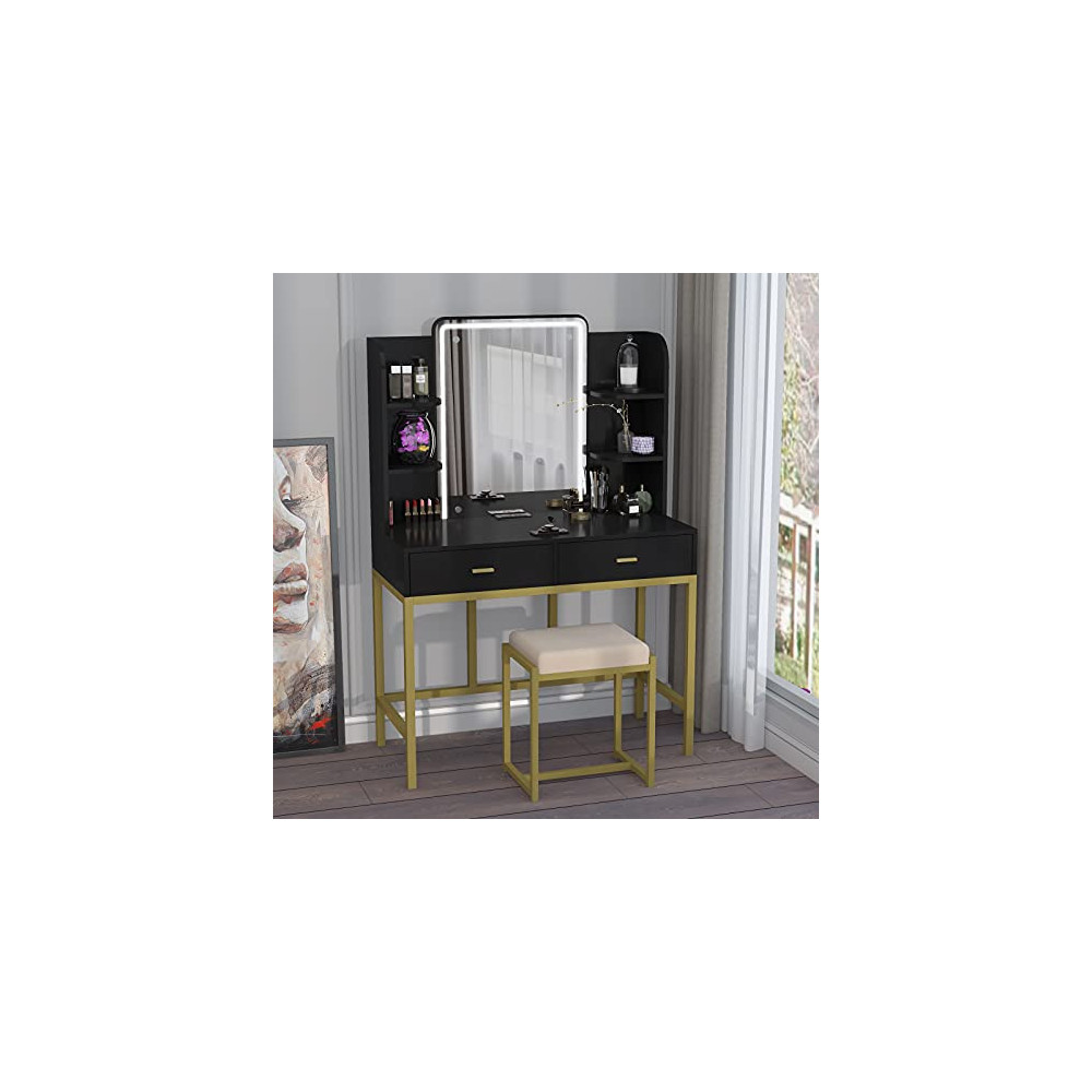 AOUSTHOP Vanity Set with Lighted Mirror, Makeup Vanity Dressing Table with LED Lights, Storage Shelves, Cushioned Stool & 2 D