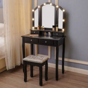 Vanity Table with Lighted and Tri-Folding Mirror, Makeup Dressing Table with 10 Lights and 4 Drawers,Detachable Top and 180 R