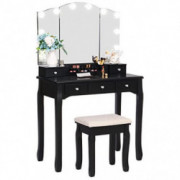 BEWISHOME Vanity Set with Lighted Mirror, Makeup Vanity with Tri-Folding Mirror 10 LED Bulbs, Black Vanity Desk Vanity Table 