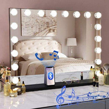 COOLJEEN 31.5x23.6 Large Hollywood Beauty Makeup Mirror with Bluetooth 18 LED Bulbs Large Lighting Cosmetic Vanity 3 Color Li
