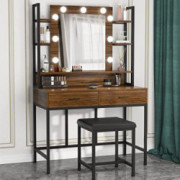 PAKASEPT Vanity Table with Lighted Mirror, Elegant Makeup Vanity Dressing Table with LED Lights and 2 Drawers & Cushioned Sto