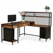 LIFEFAIR L-Shaped Desk with 2 Drawers and Cabinet, Industrial Style Home Office Desk W/Storage Shelves,Corner Desk Double Com