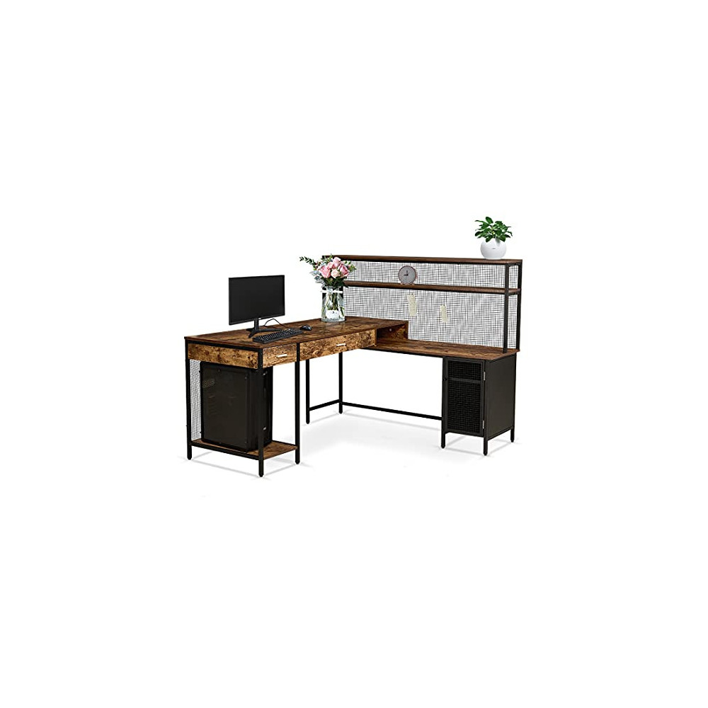 LIFEFAIR L-Shaped Desk with 2 Drawers and Cabinet, Industrial Style Home Office Desk W/Storage Shelves,Corner Desk Double Com