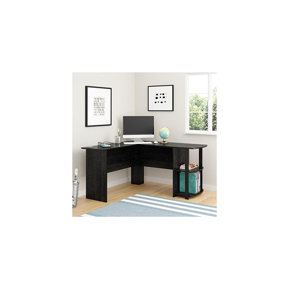 Ameriwood Home Dakota L-Shaped Desk with Bookshelves  Black Ebony Ash 