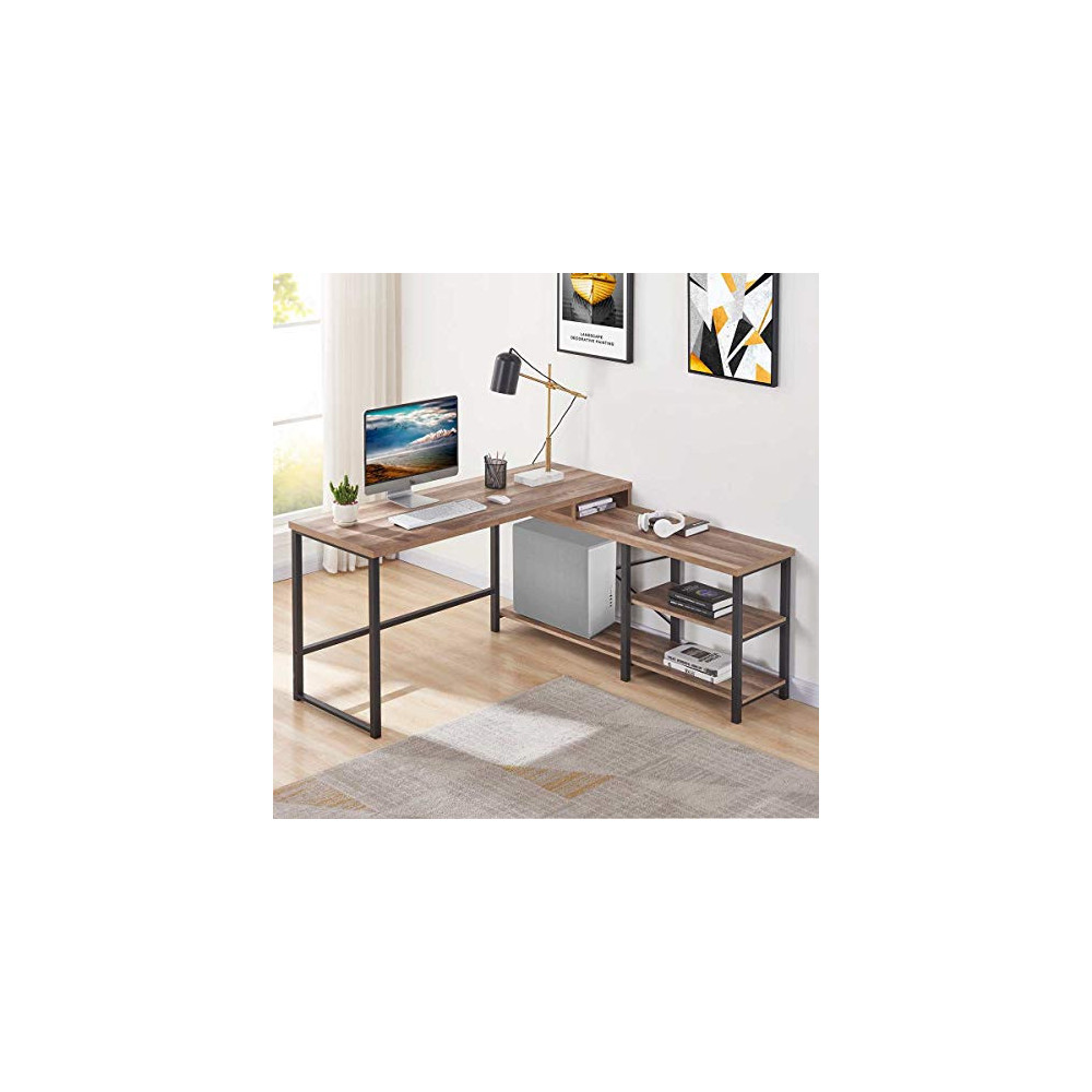 BON AUGURE L Shaped Desk with Shelves, Reversible Corner Computer Desk, Rustic Wood Home Office Desks  59 Inch, Vintage Oak 