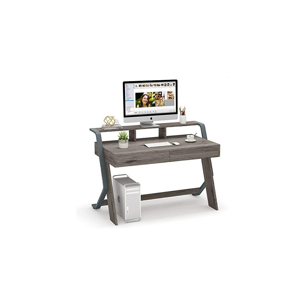 Tribesigns Computer Desk with 2 Storage Drawers, 47-Inch Writing Desk with Monitor Stand Riser, Vintage Rustic Office Desk Co