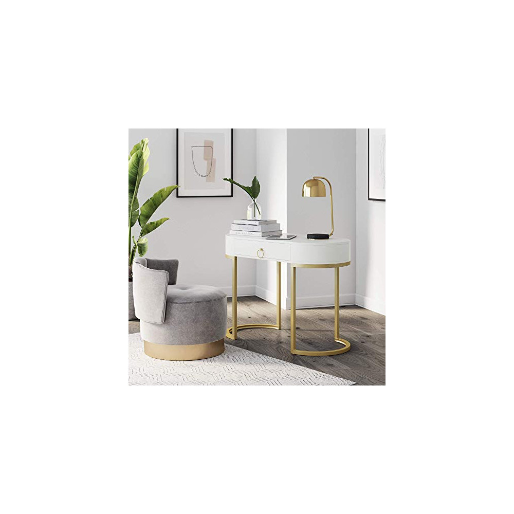 Nathan James Leighton Small Oval Glam Brass Accents, Vanity or Writing Desk for Home or Office, White/Gold