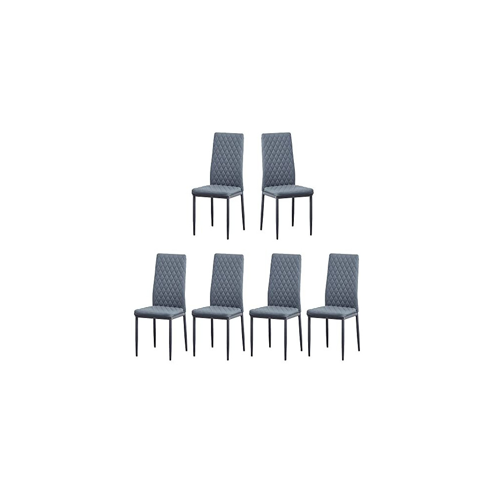 Set of 6 Leather Dining Chairs Set, with Upholstered Cushion & High Back, Powder Coated Metal Legs, Rhombus Pattern Seats, Ho